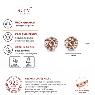 Servi 925 Ayar Gümüş Rose Glow 4 mm Pembe Zirkon Taşlı Tektaş  Küpe 