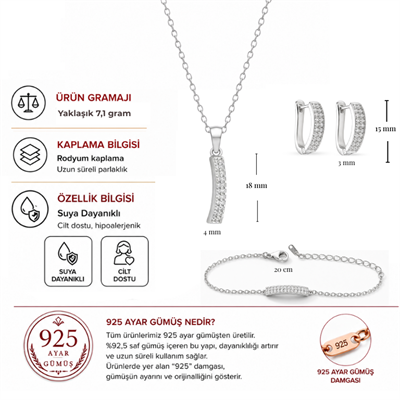 Servi 925 Ayar Gümüş Taşlı Çubuk Kolye Küpe ve Bileklik Seti