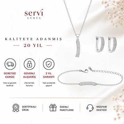 Servi 925 Ayar Gümüş Taşlı Çubuk Kolye Küpe ve Bileklik Seti