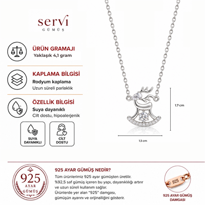 Servi 925 Ayar Gümüş Tektaş Detaylı Geyik Figürlü Kolye