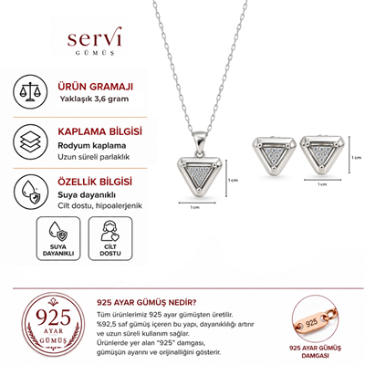 Servi 925 Ayar Gümüş Tria Zirkon Taşlı Üçgen Kolye ve Küpe Seti