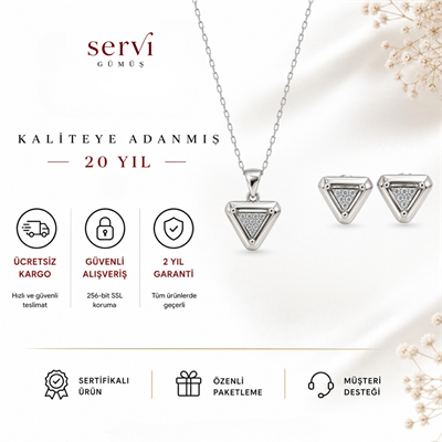 Servi 925 Ayar Gümüş Tria Zirkon Taşlı Üçgen Kolye ve Küpe Seti
