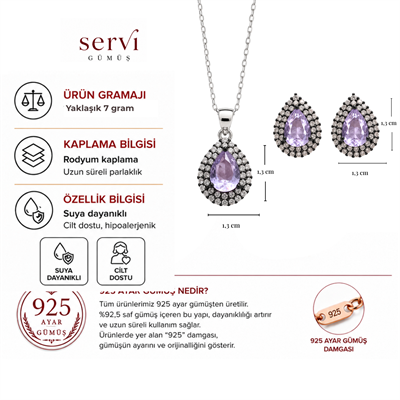 Servi 925 Ayar Gümüş Zirkon Çerçeveli Mor Damla Taşlı Kolye ve Küpe Seti
