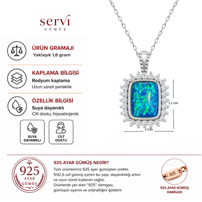 Servi 925 Ayar Gümüş Zirkon Çerçeveli  Opal Taşlı Kolye