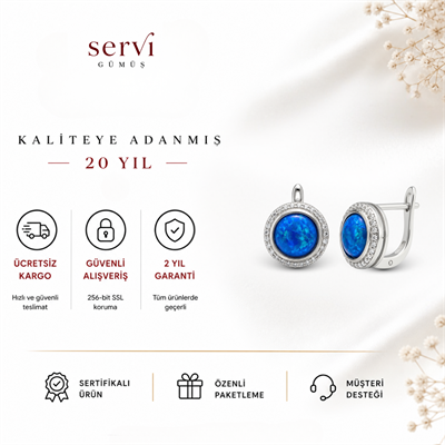 Servi 925 Ayar Gümüş Zirkon Çerçeveli Yuvarlak Opal Küpe