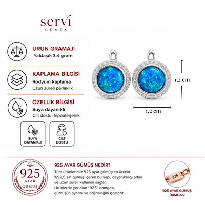 Servi 925 Ayar Gümüş Zirkon Çerçeveli Yuvarlak Opal Küpe