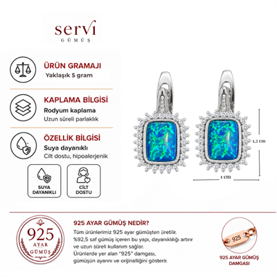 Servi 925 Ayar Gümüş Zirkon Çerçeveli Opal Küpe