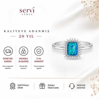 Servi 925 Ayar Gümüş Zirkon Çerçeveli Opal Taşlı Yüzük