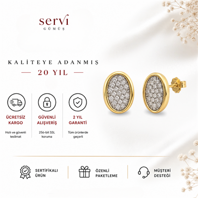 Servi 925 Ayar Gümüş Zirkon Taşlı Altın Renk Oval İtalyan Küpe  