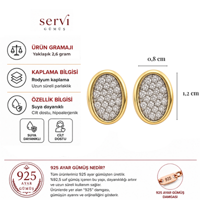 Servi 925 Ayar Gümüş Zirkon Taşlı Altın Renk Oval İtalyan Küpe  