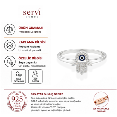 Servi 925 Ayar Gümüş Zirkon Taşlı Fatma Ana Eli Nazar Yüzük