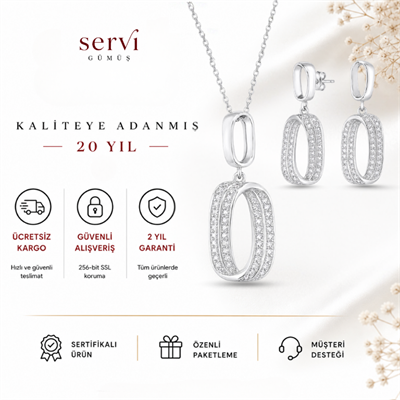 Servi 925 Ayar Gümüş Zirkon Taşlı Geometrik Halka Kolye ve Küpe Seti