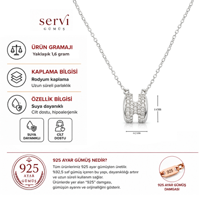 Servi 925 Ayar Gümüş Zirkon Taşlı H Harfi Kolye