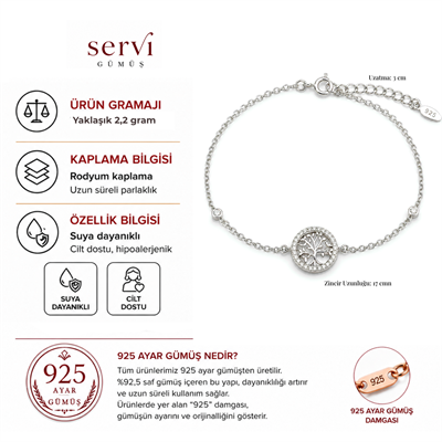 Servi 925 Ayar Gümüş Zirkon Taşlı Hayat Ağacı Bileklik