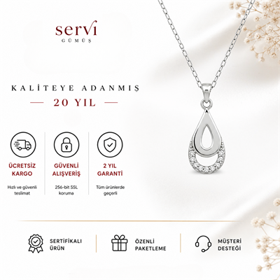 Servi 925 Ayar Gümüş Zirkon Taşlı Işıltılı Damla Kolye