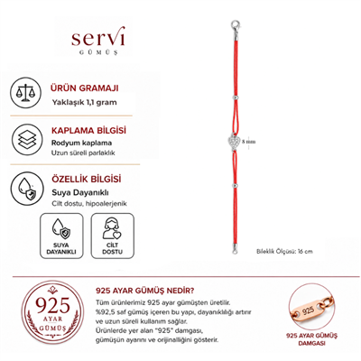 Servi 925 Ayar Gümüş Zirkon Taşlı Kırmızı İpli Kalp Figürlü Şans Bilekliği