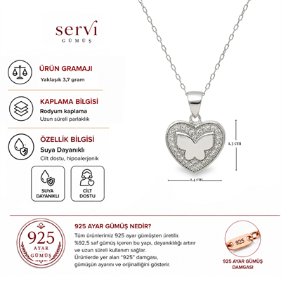 Servi 925 Ayar Gümüş Zirkon Taşlı Kelebek Kalp Kolye