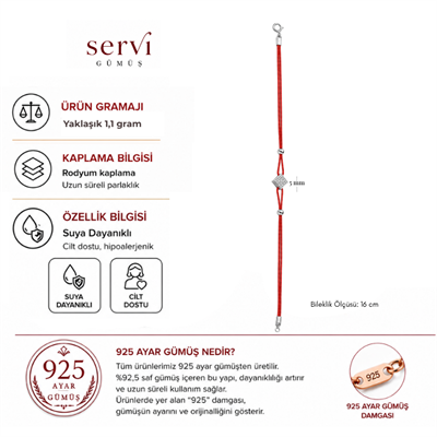 Servi 925 Ayar Gümüş Kırmızı İpli Baklava Figürlü Şans Bilekliği