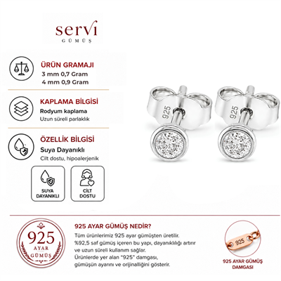 Servi 925 Ayar Gümüş Zirkon 4 mm Taşlı Minimal Tektaş Küpe