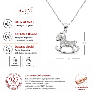 Servi 925 Ayar Gümüş Zirkon Taşlı Nostaljik Sallanan At Kolye
