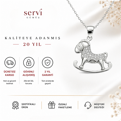Servi 925 Ayar Gümüş Zirkon Taşlı Nostaljik Sallanan At Kolye
