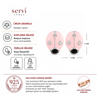 Servi 925 Ayar Gümüş Zirkon Taşlı Pembe Mineli Uğur Böceği Küpe