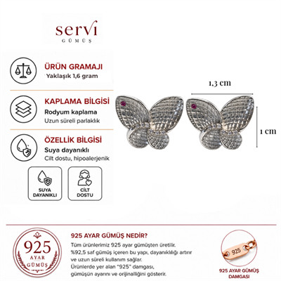 Servi 925 Ayar Gümüş Zirkon Taşlı Pembe Taş Detaylı Kelebek Küpe