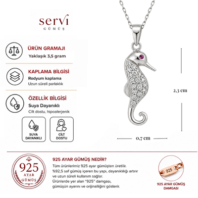 Servi 925 Ayar Gümüş Zirkon Taşlı Pembe Taş Detaylı Denizatı Kolye