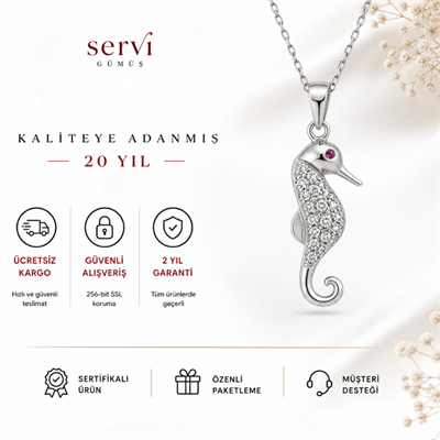 Servi 925 Ayar Gümüş Zirkon Taşlı Pembe Taş Detaylı Denizatı Kolye