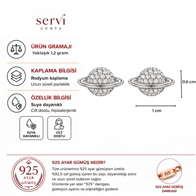Servi 925 Ayar Gümüş Zirkon Taşlı Satürn Küpe