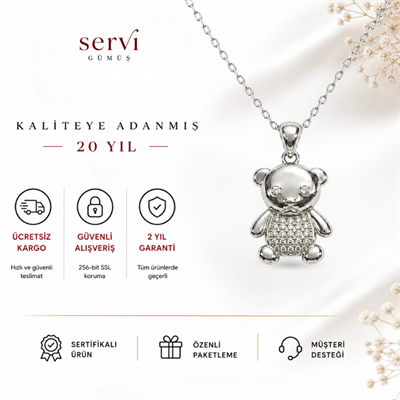 Servi 925 Ayar Gümüş Zirkon Taşlı Teddy Bear Ayıcık Kolye