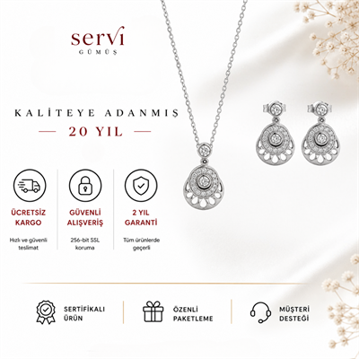 Servi 925 Ayar Gümüş Zirkon Taşlı Vintage Damla Kolye ve Küpe Seti