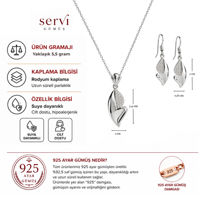 Servi 925 Ayar Gümüş Zirkon Taşlı Yaprak Formlu Kolye ve Küpe Seti