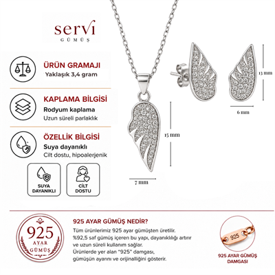 Servi 925 Ayar Gümüş Zirkon Taşlı Zarif Melek Kanadı Kolye ve Küpe Seti