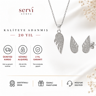 Servi 925 Ayar Gümüş Zirkon Taşlı Zarif Melek Kanadı Kolye ve Küpe Seti