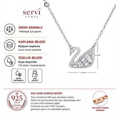 Servi 925 Ayar Gümüş Zirkon Taşlı Zarif Kuğu Kolye
