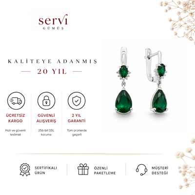 Servi 925 Ayar Gümüş Zümrüt Rengi Damla Taşlı Sallantılı Küpe