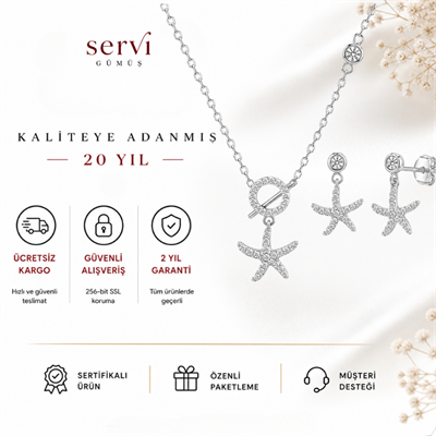 Servi 925 Ayar Gümüş Marina Deniz Yıldızı Kolye ve Küpe Seti