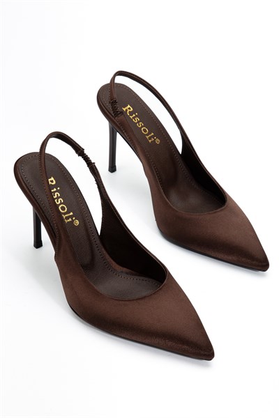 Alanzo Kahverengi Saten Sivri Burun Kadın Klasik Topuklu Ayakkabı