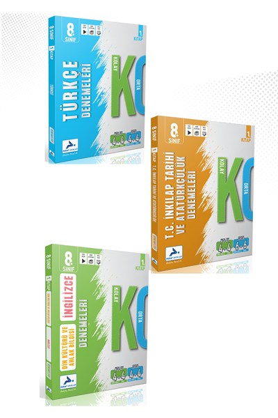 8. Sınıf Türkçe, T,C İnkılap, İngilizce, Din Kültürü Kolay Orta Deneme (3 Kitap)