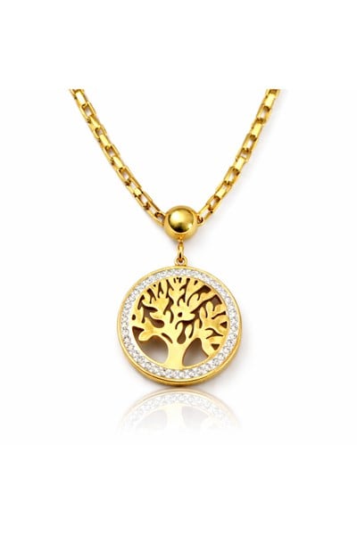 luxury steel Gold renk zirkon taşlı hayat ağacı çelik kolye