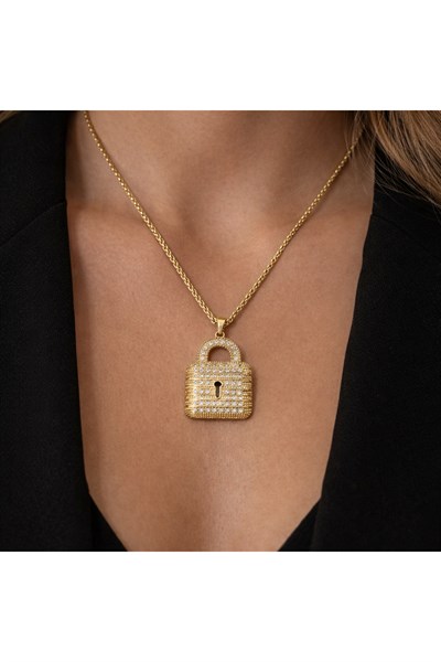 luxury steel gold renk zirkon taşlı kilit çelik kolye