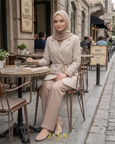 Çizgili Ceket & Düz Pantolon Takım