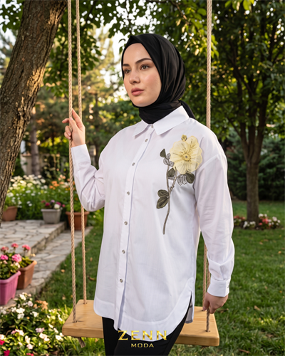 Nakış Çiçek İşlemeli Poplin Pamuk Gömlek