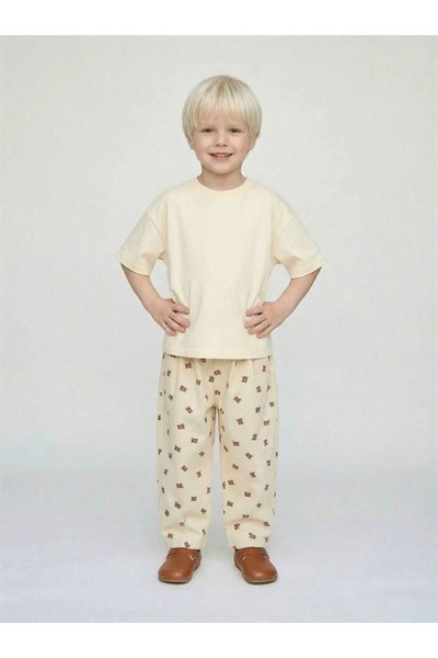 Çocuk Balon Krem Ayıcıklı Bear Desenli Unisex Jean Pantolon
