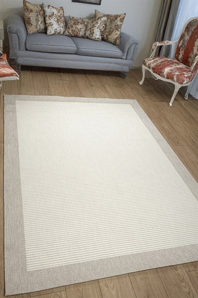 Bordürlü Sisal Krem Gri Pamuk Kaymaz Taban Modern Halı