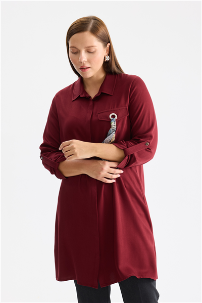 Mi Fular Detaylı Uzun Tunik Bordo