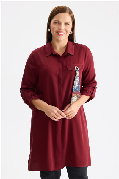 Mi Fular Detaylı Uzun Tunik Bordo