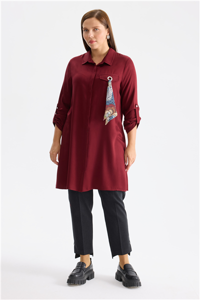 Mi Fular Detaylı Uzun Tunik Bordo