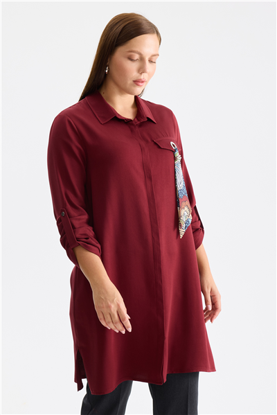 Mi Fular Detaylı Uzun Tunik Bordo